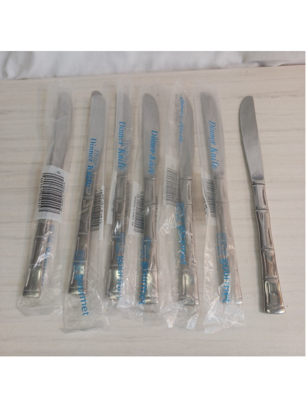 Vintage MCM Bamboo Style Korea Stainless Table Knife Set of 7 Butter
